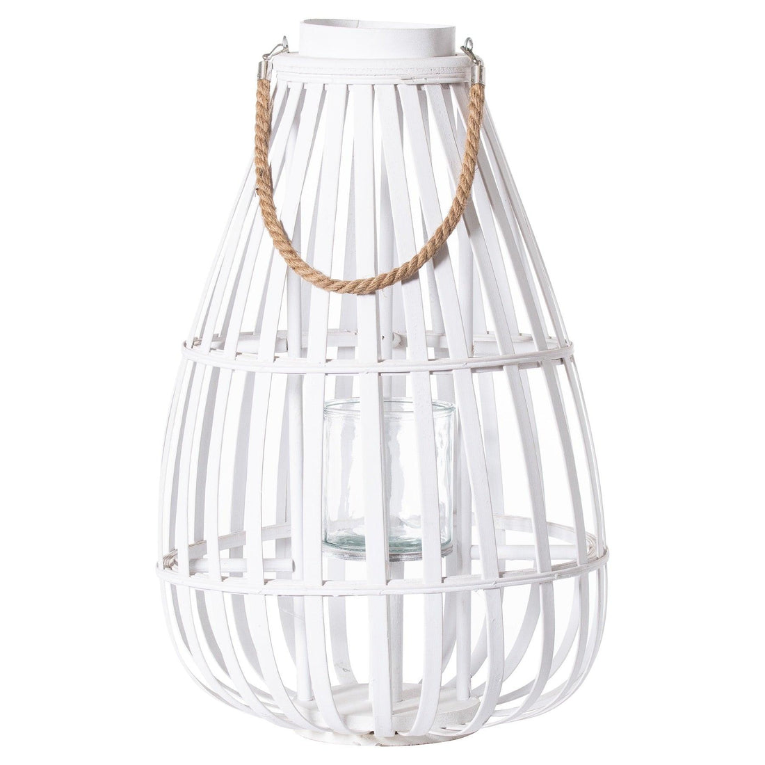 White Floor Standing Domed Wicker Lantern With Rope Detail - £99.95 - Lighting > Lanterns 