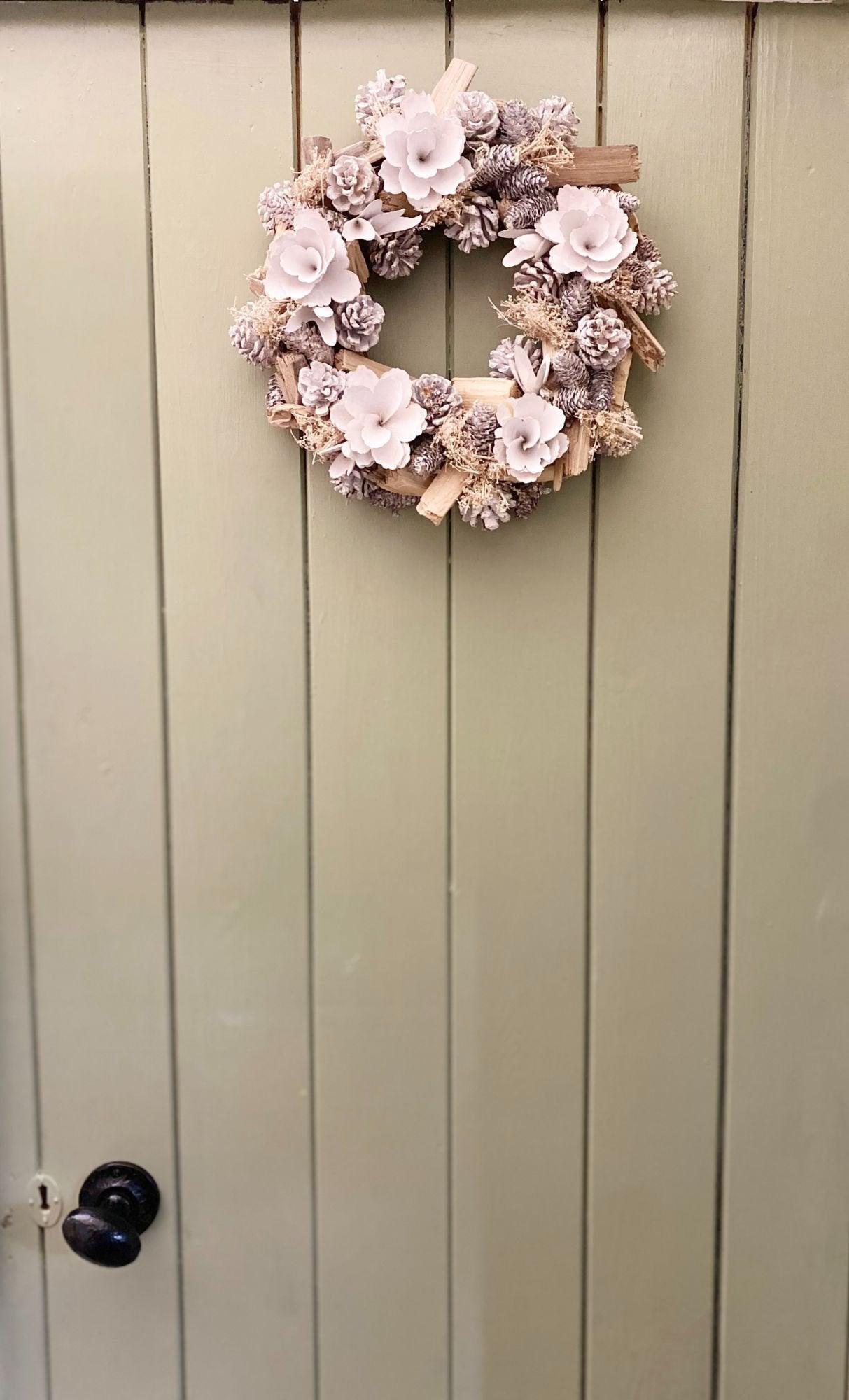 White Flowers & Pinecone Frosted Wreath-