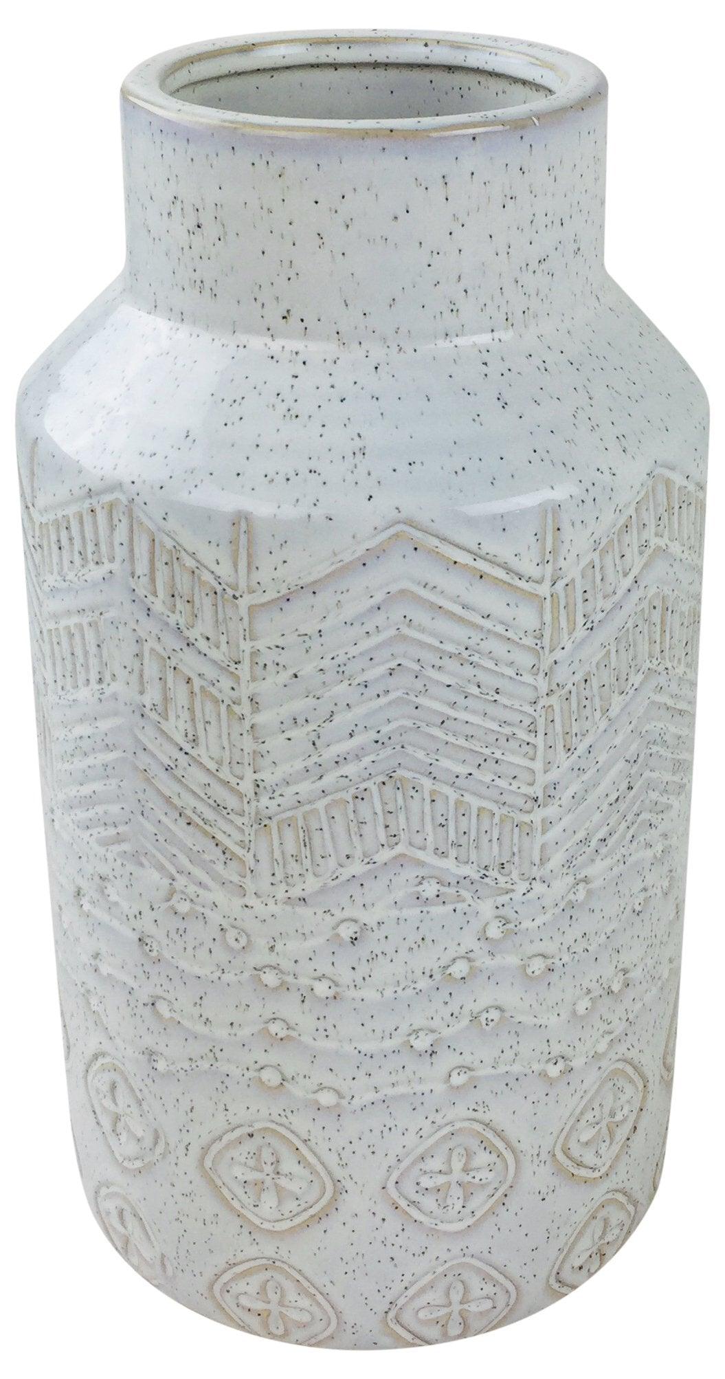 White Herringbone Textured Stoneware Vase 30cm-Planters, Vases & Plant Stands