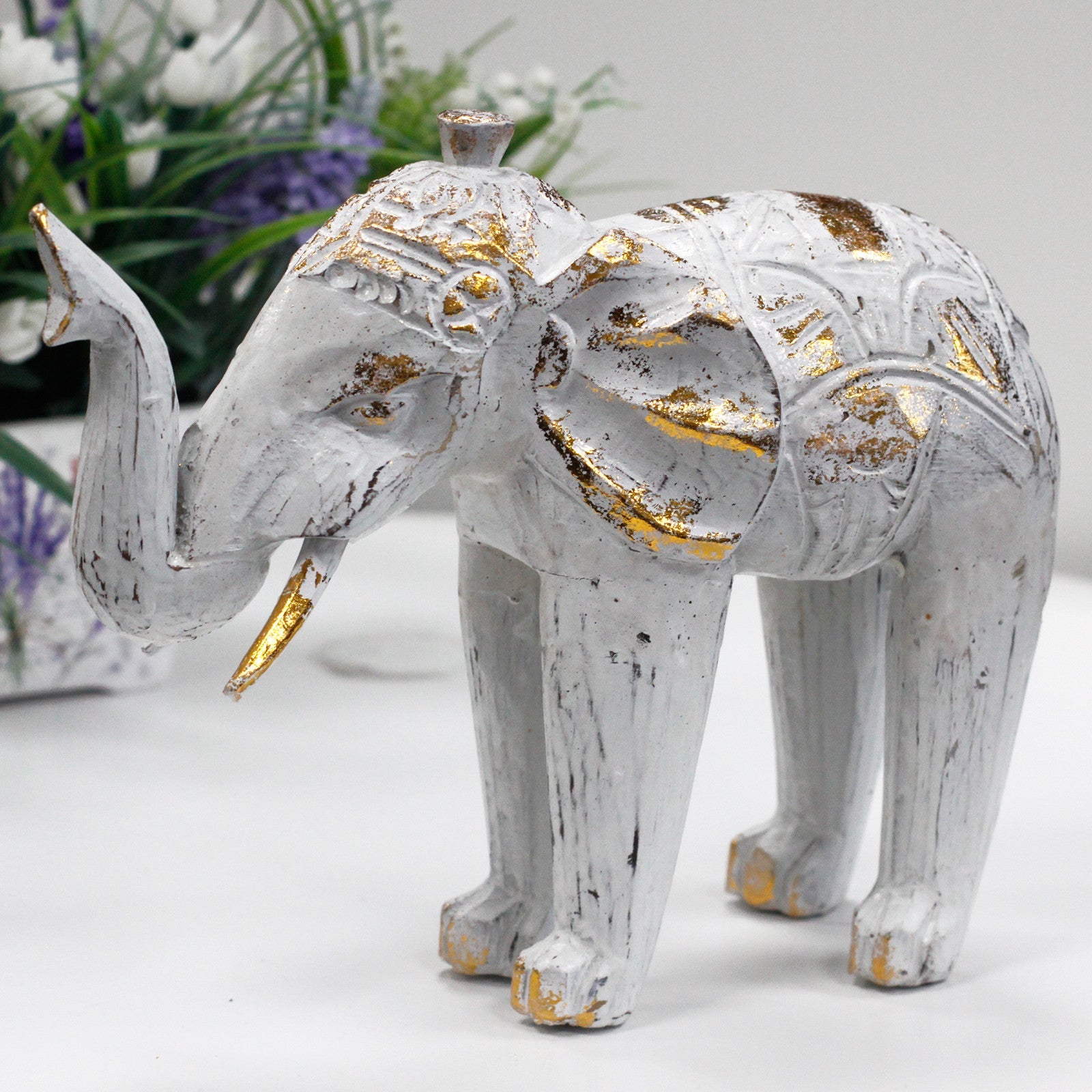 Wood Carved Elephant - White Gold-