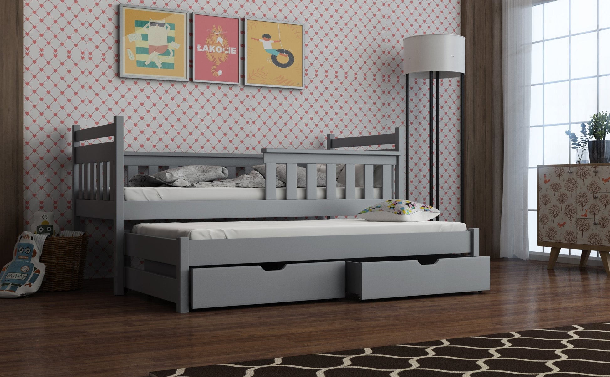 Wooden Bed Dominik with Trundle and Storage Grey Matt Kids Single Bed 