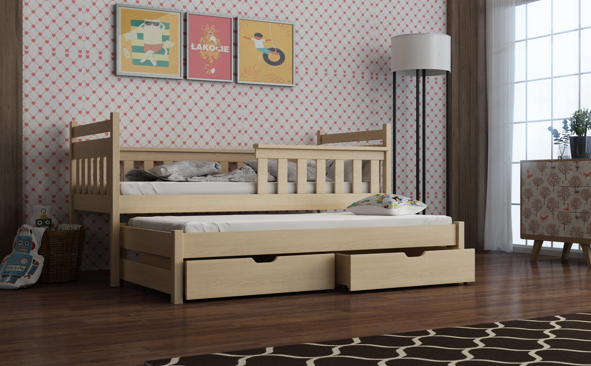 Wooden Bed Dominik with Trundle and Storage Pine Kids Single Bed 