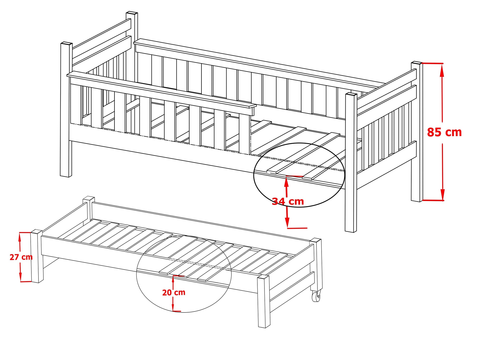 Wooden Bed Dominik with Trundle and Storage-Kids Single Bed