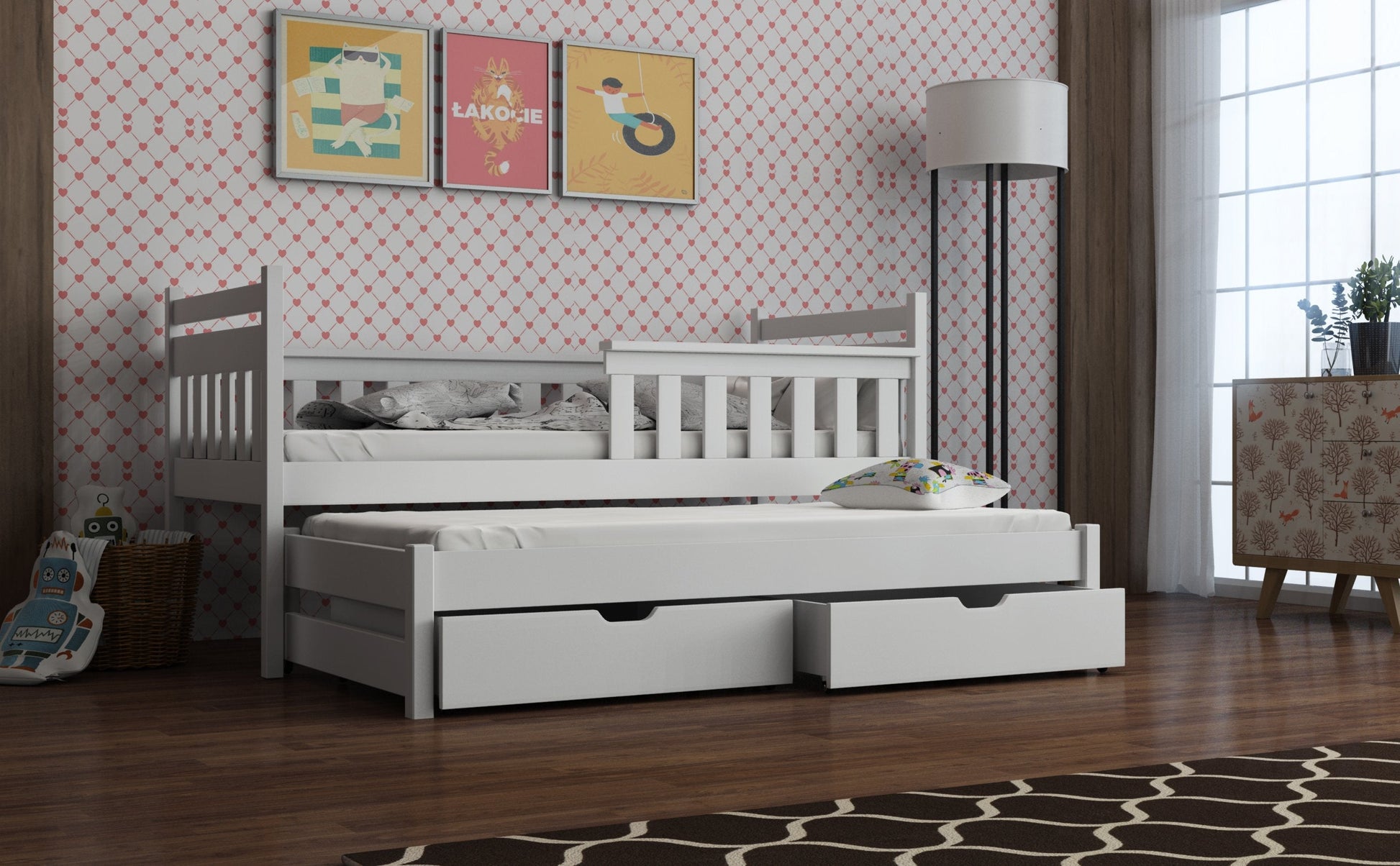 Wooden Bed Dominik with Trundle and Storage White Matt Kids Single Bed 