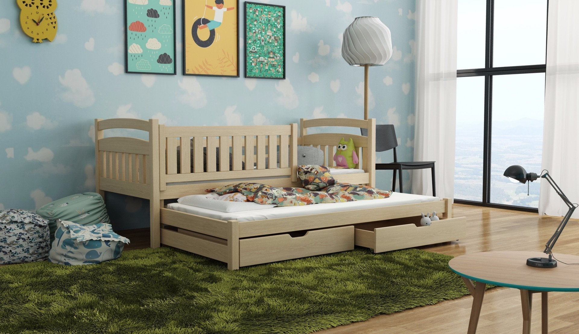 Wooden Bed Galaxy with Trundle and Storage Pine Kids Single Bed 