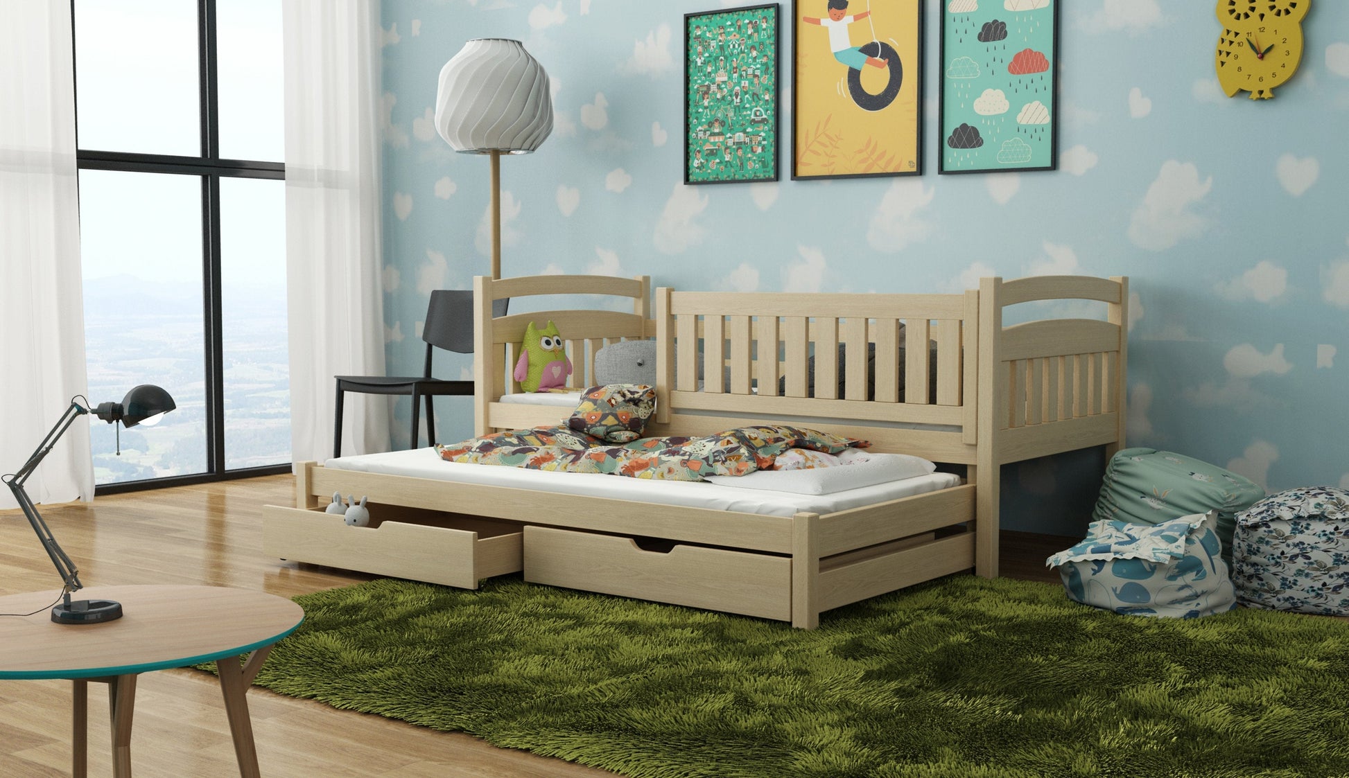 Wooden Bed Galaxy with Trundle and Storage Pine Kids Single Bed 