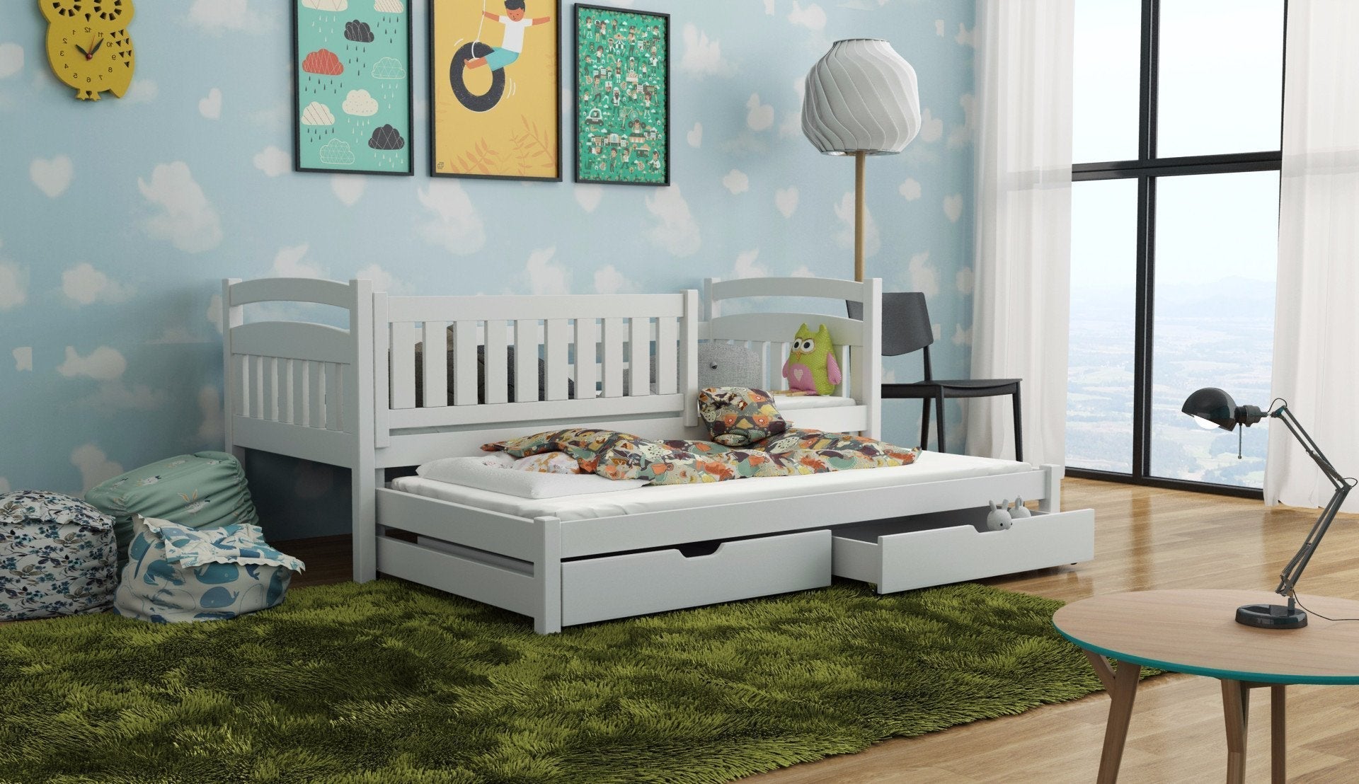 Wooden Bed Galaxy with Trundle and Storage White Matt Kids Single Bed 