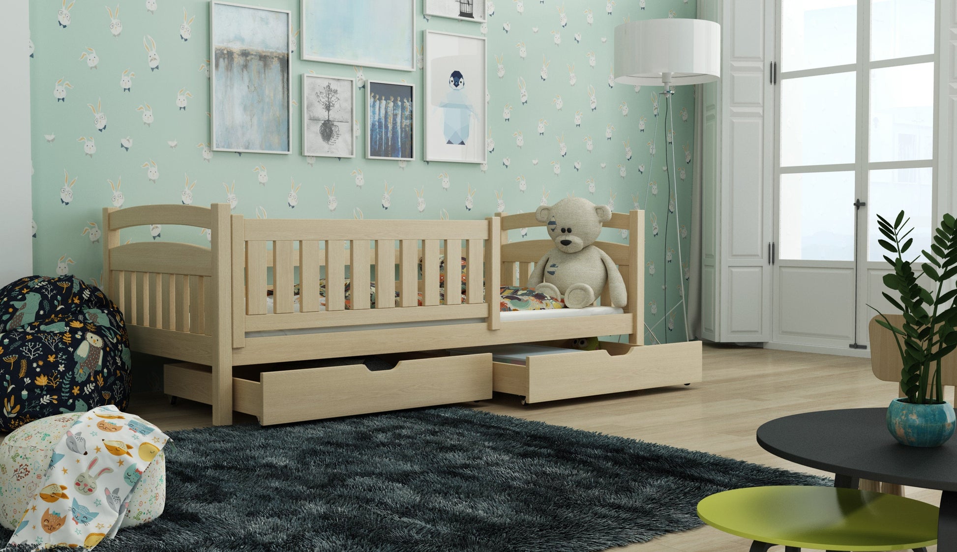 Wooden Bed Terry with Storage Pine Kids Single Bed 