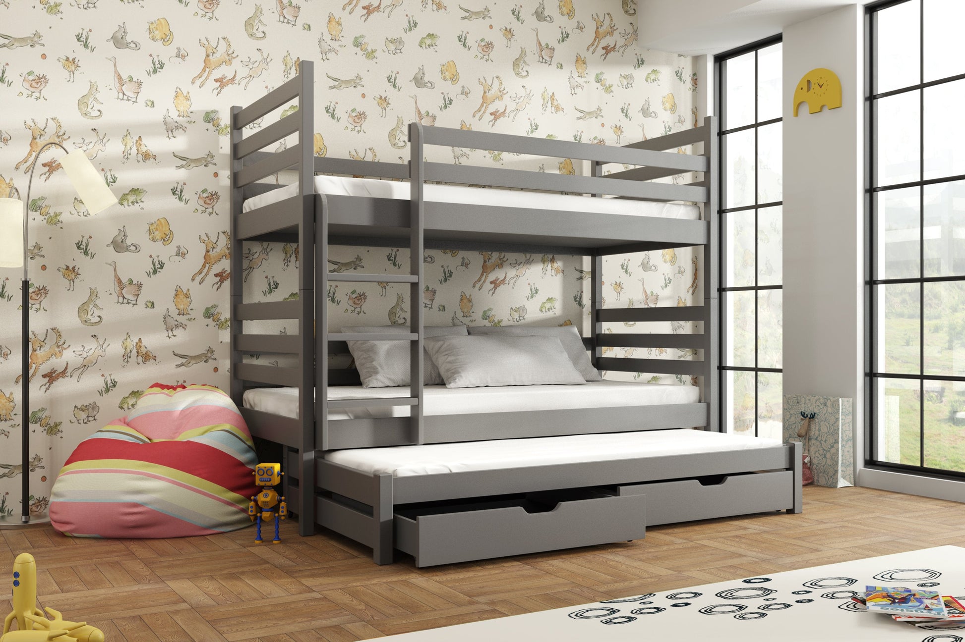 Wooden Bunk Bed Tomi with Trundle and Storage Graphite Bunk Bed 