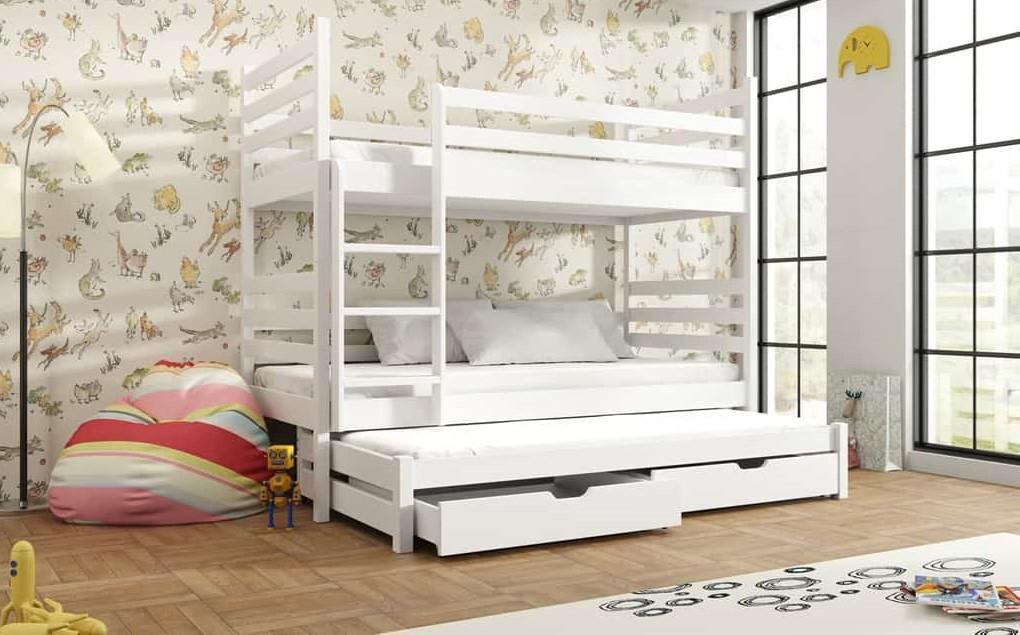 Wooden Bunk Bed Tomi with Trundle and Storage White Matt Bunk Bed 