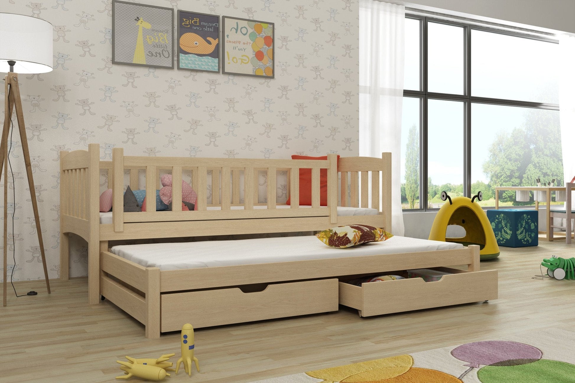 Wooden Double Bed Amelka with Trundle and Storage Pine Kids Single Bed 