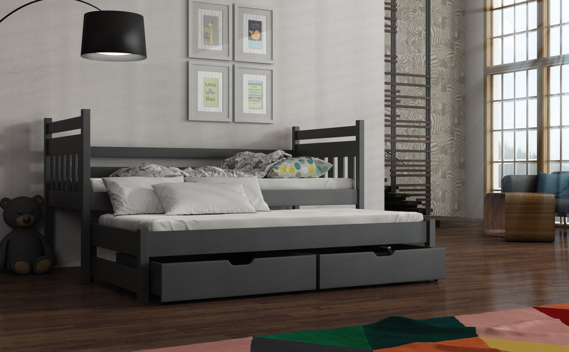 Wooden Double Bed Daniel with Trundle and Storage Graphite Kids Single Bed 