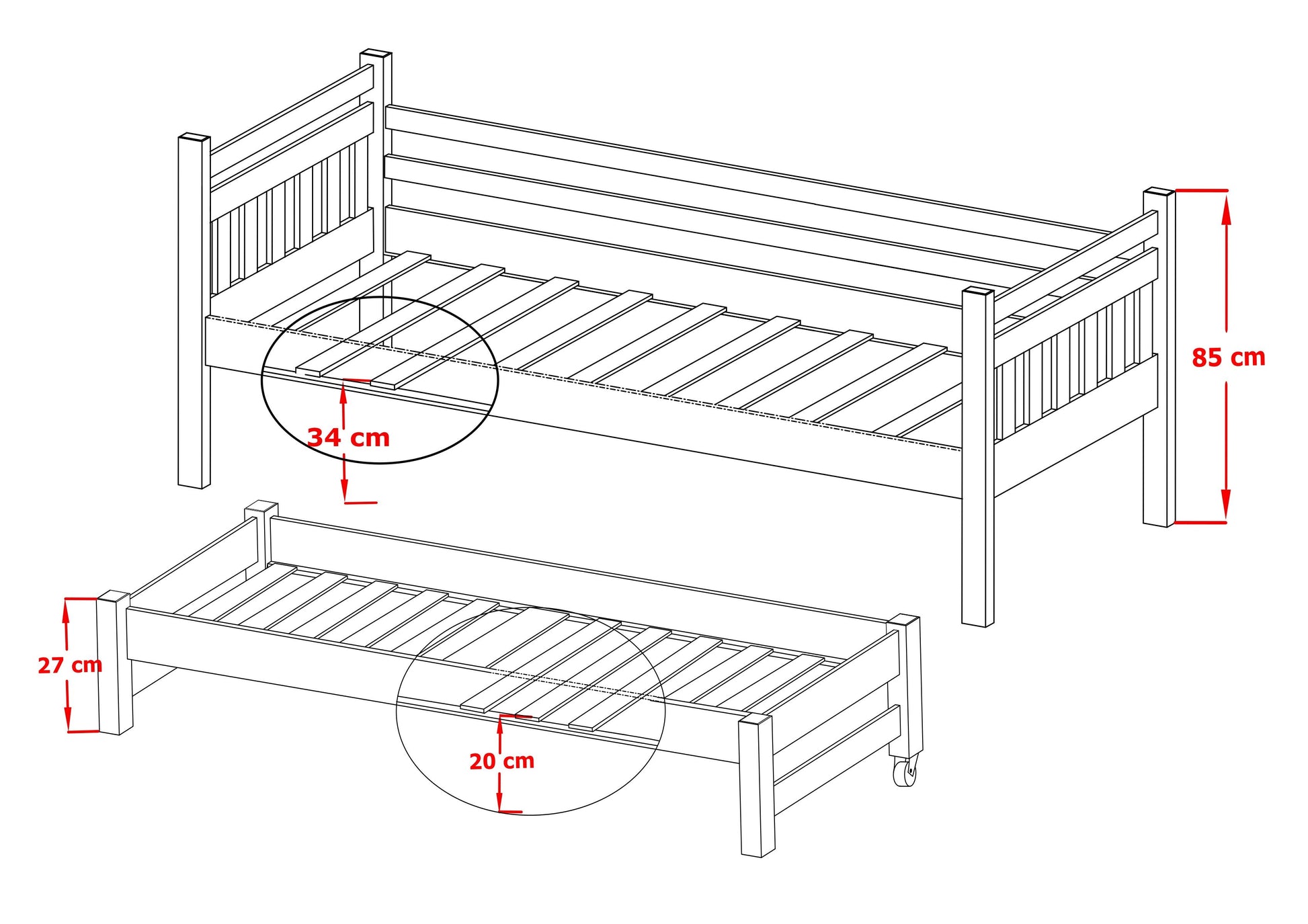 Wooden Double Bed Daniel with Trundle and Storage-Kids Single Bed