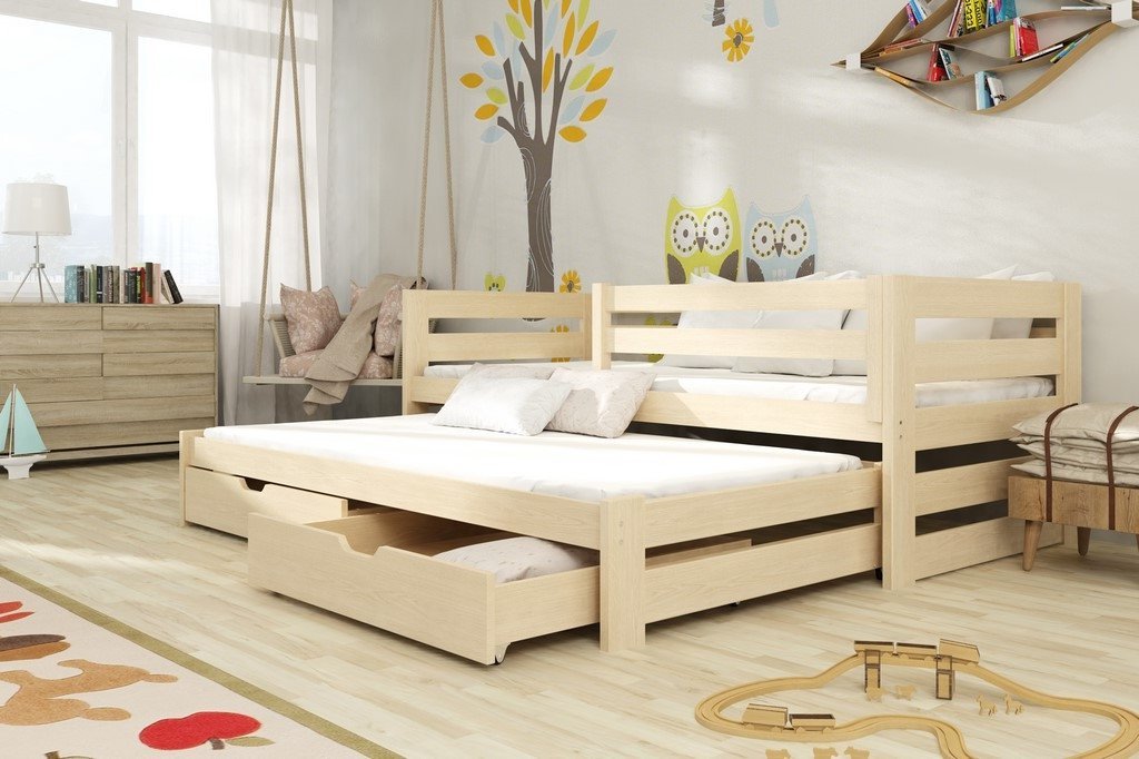 Wooden Double Bed Kubus with Trundle and Storage Pine Kids Single Bed 