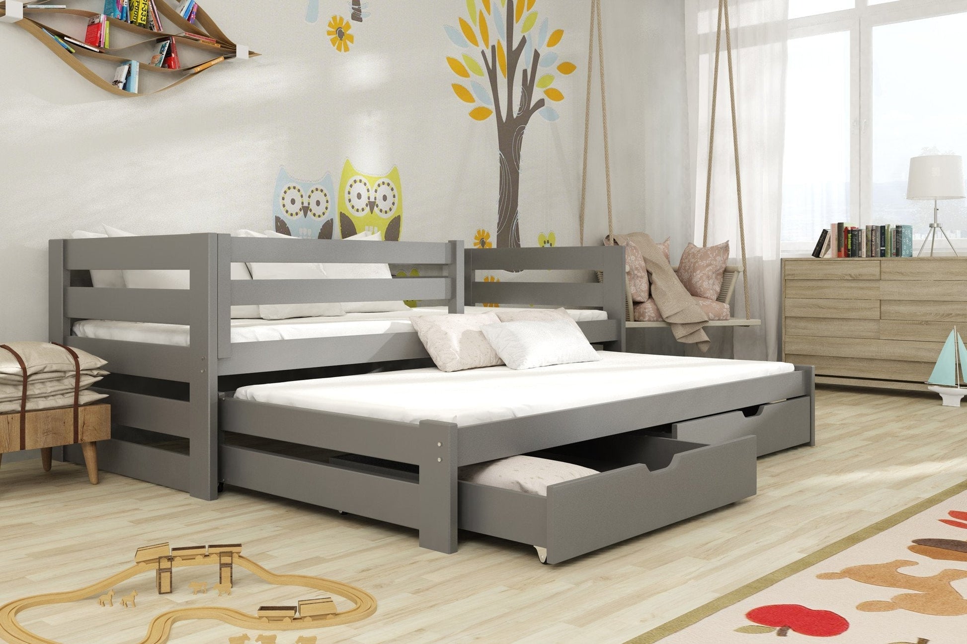 Wooden Double Bed Kubus with Trundle and Storage Graphite Kids Single Bed 