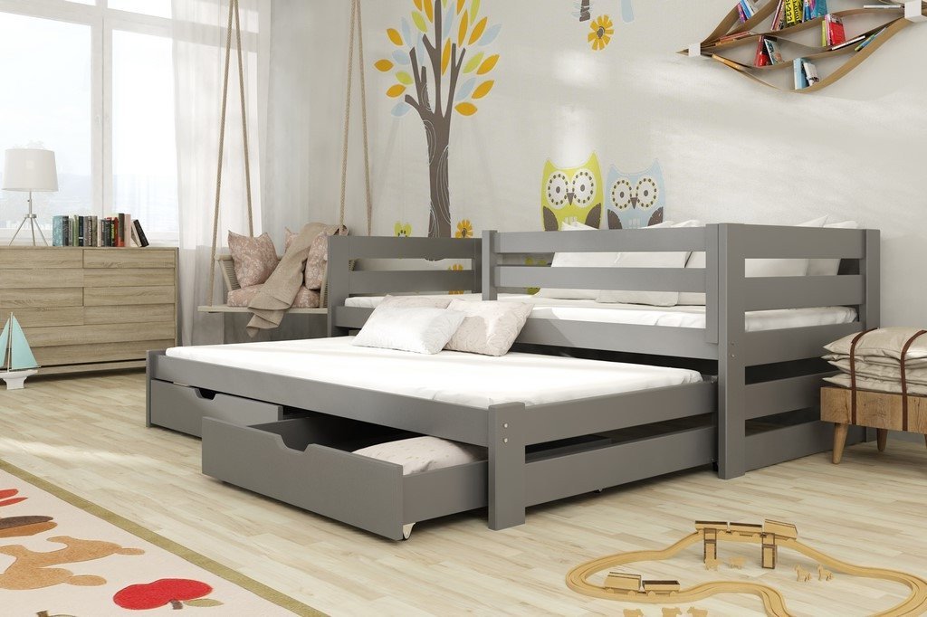 Wooden Double Bed Kubus with Trundle and Storage Graphite Kids Single Bed 