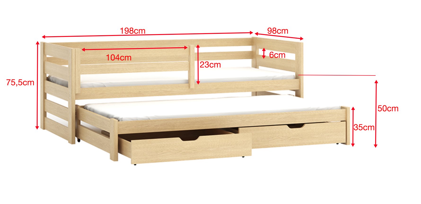 Wooden Double Bed Kubus with Trundle and Storage-Kids Single Bed