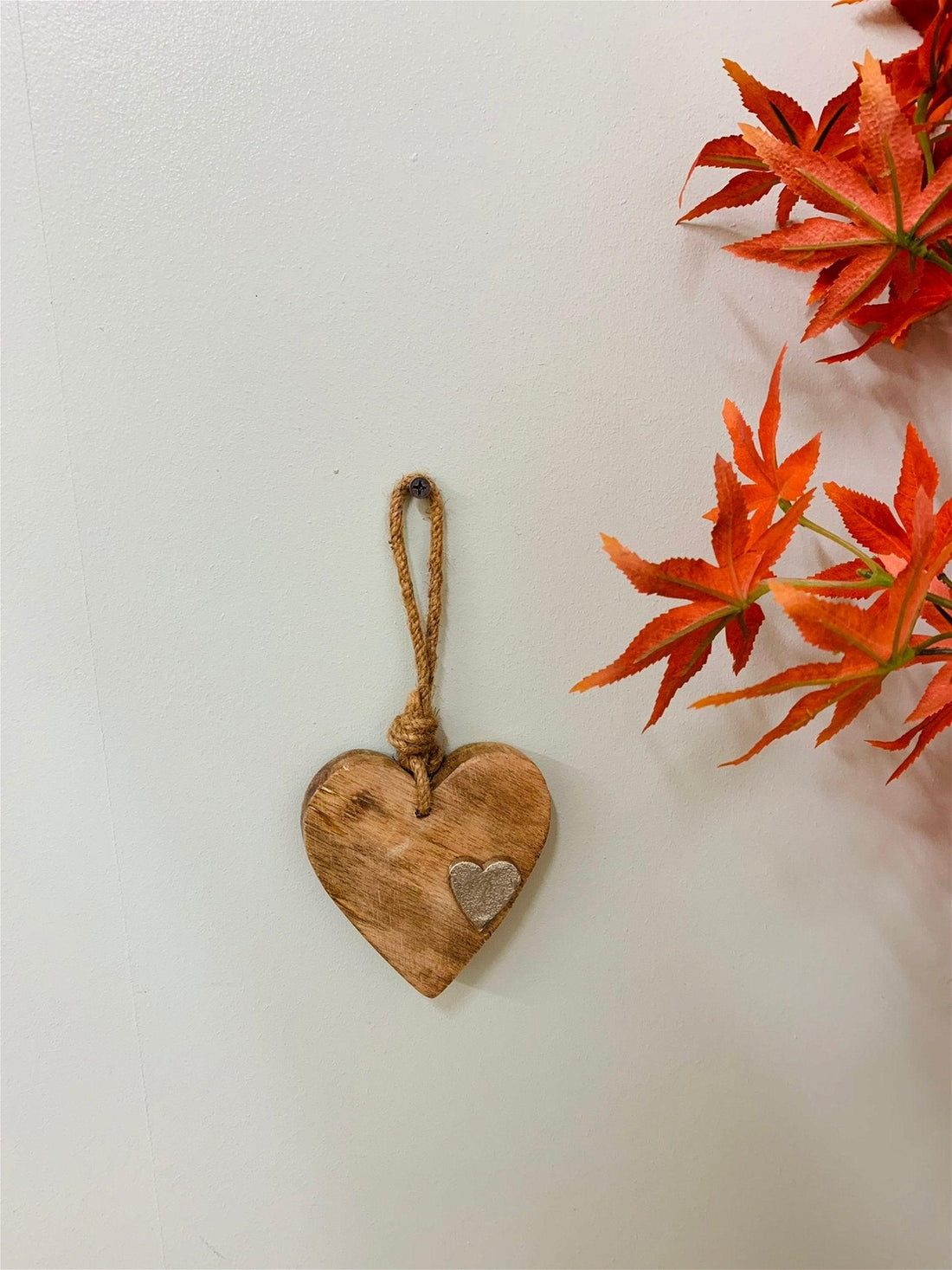 Wooden Hanging Heart With Silver Metal Heart - £9.99 - Ornaments 