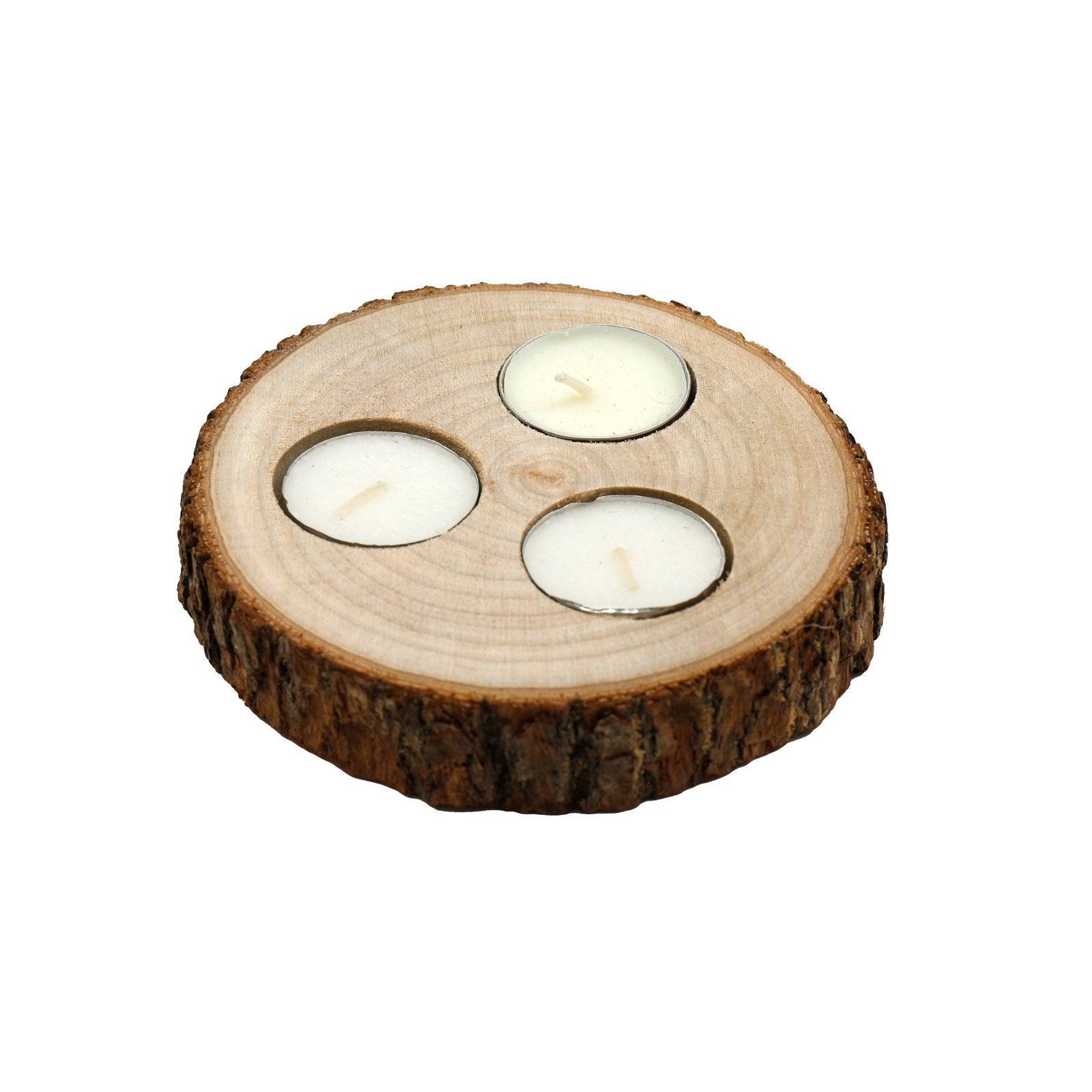 Wooden Triple Tealight Holder with Bark Detail-